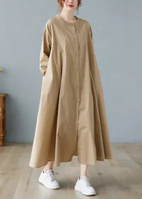 Elegant Khaki O-Neck Button Cotton Long Shirts Dress Long Sleeve AC2055