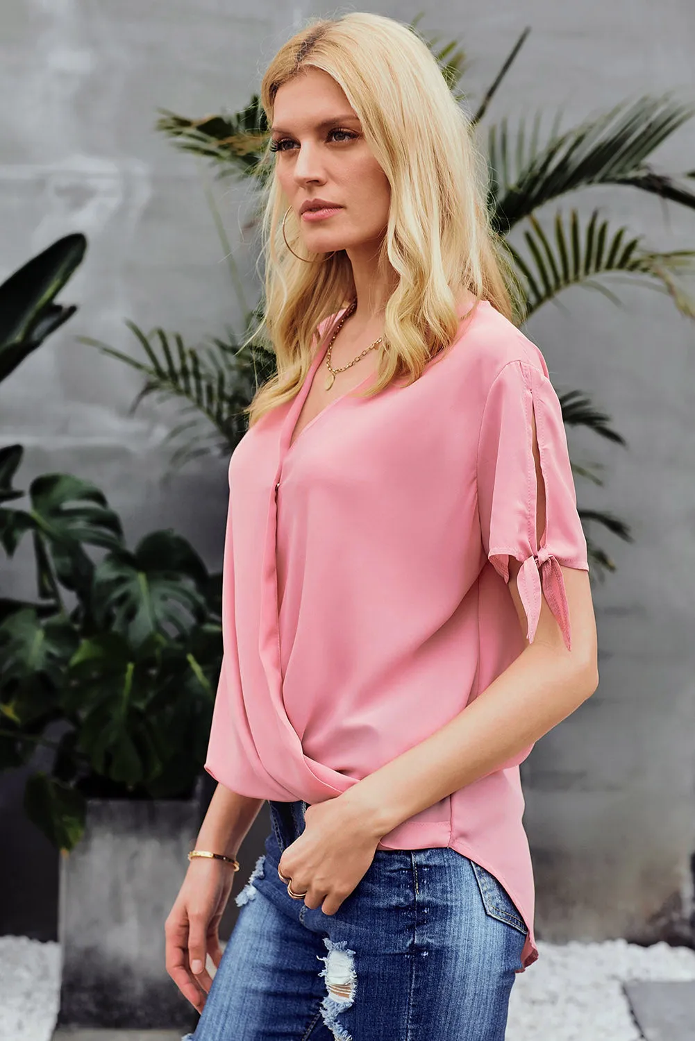 Elegant Pink Charismatic Drape Short Sleeve Blouse