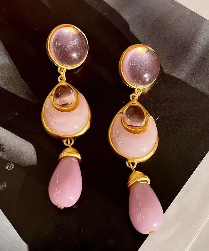 Elegant Pink Sterling Silver Overgild Crystal Coloured Glaze Water Drop Drop Earrings GH1069