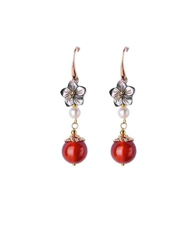 Elegant Red Agate Pearl Shell Flower Silver Drop Earrings