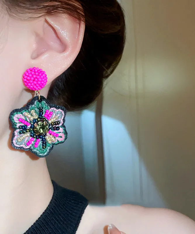 Elegant Rose Hand Woven Alloy Beads Embroidery Floral Drop Earrings GH1023