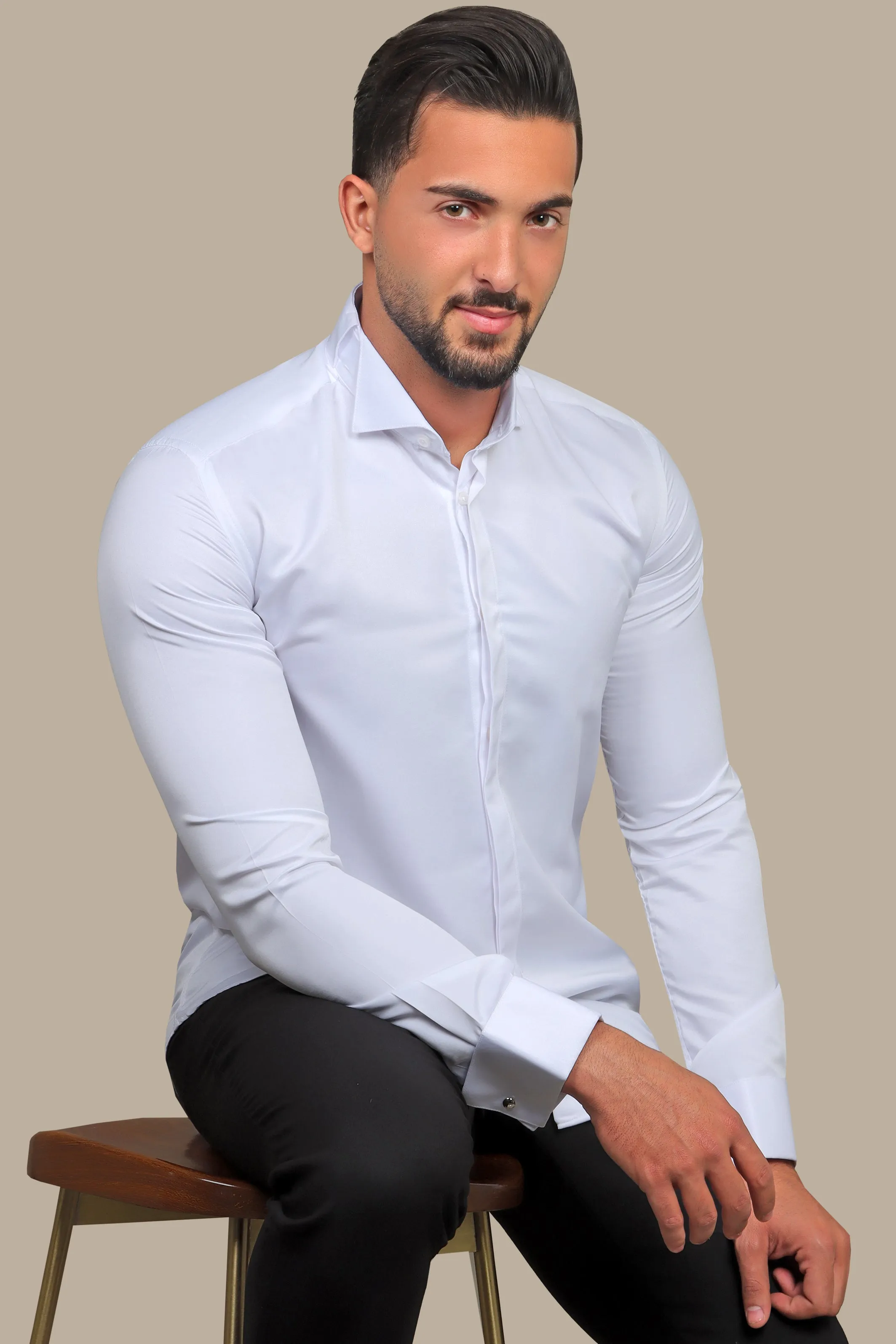 Elegant Whispers: White Tuxedo Shirt with Hidden Buttons