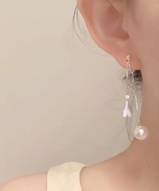 Elegant White Alloy Love Pearl Tassel Drop Earrings QD012