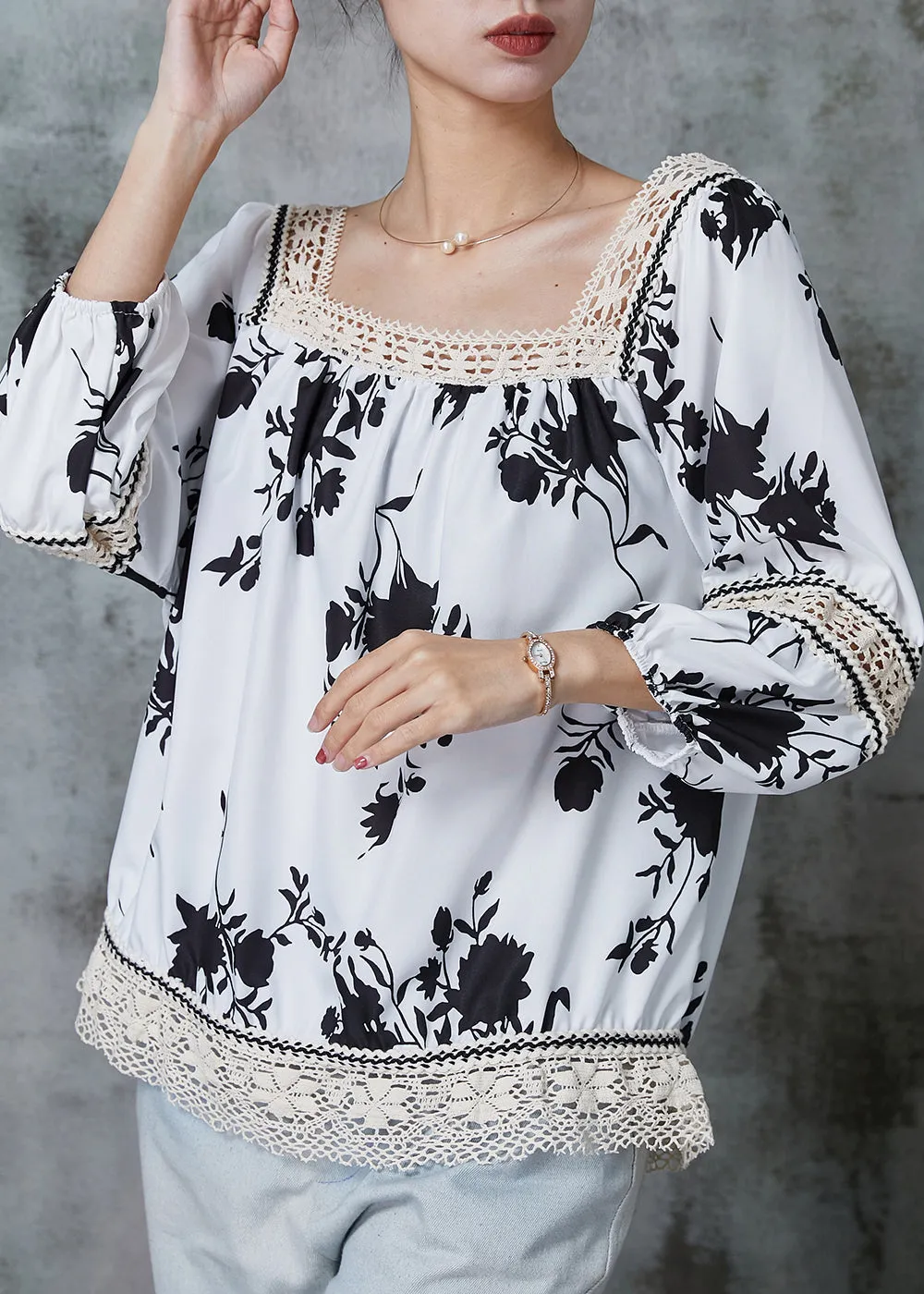 Elegant White Print Patchwork Lace Shirts Summer AL1017