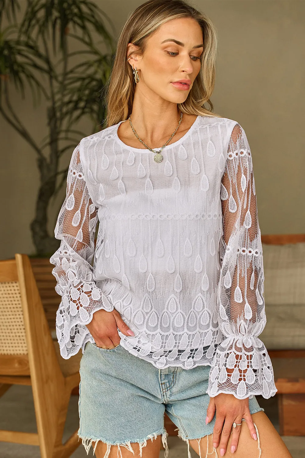 Embroidered Mesh Flounce Sleeve Blouse