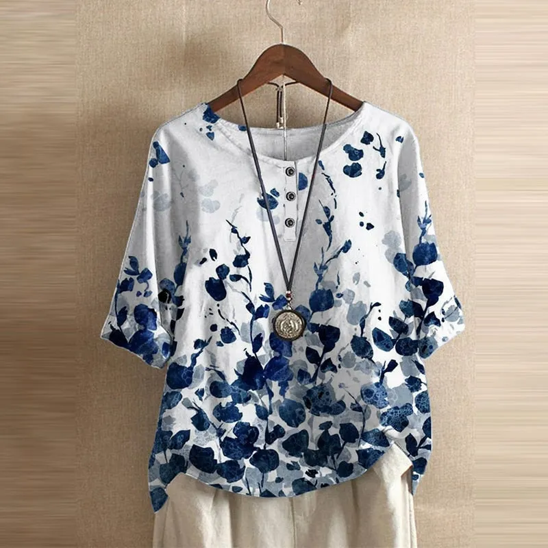 Fashion Floral Printed Women Blouse Shirt Summer Casual O Neck Pullover Tops Half Sleeve Elegant Slim Streetwear Party Shirts