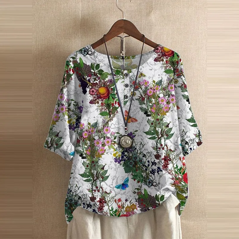 Fashion Floral Printed Women Blouse Shirt Summer Casual O Neck Pullover Tops Half Sleeve Elegant Slim Streetwear Party Shirts