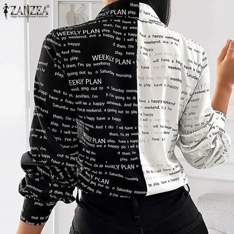 Fashion Women Letter Printed Blouse ZANZEA Autumn Elegant Full Sleeve Buttons Down Shirts Lapel Neck Office Loose Tops Blusas S3929928