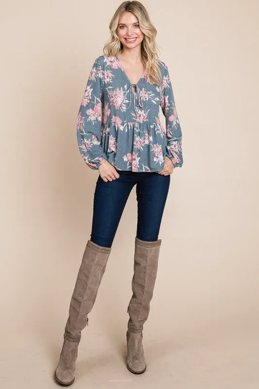 Full Size Babydoll Floral Long Sleeve Blouse