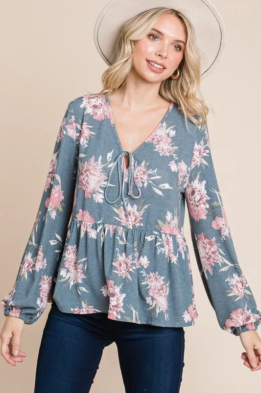 Full Size Babydoll Floral Long Sleeve Blouse