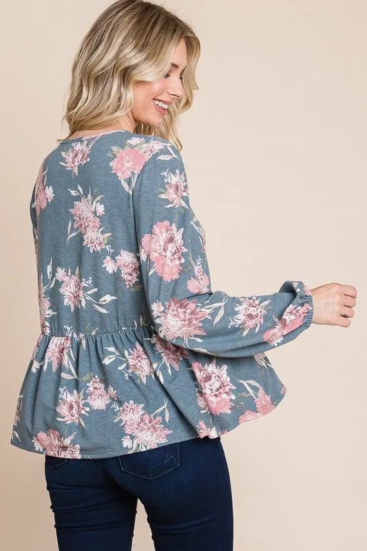 Full Size Babydoll Floral Long Sleeve Blouse