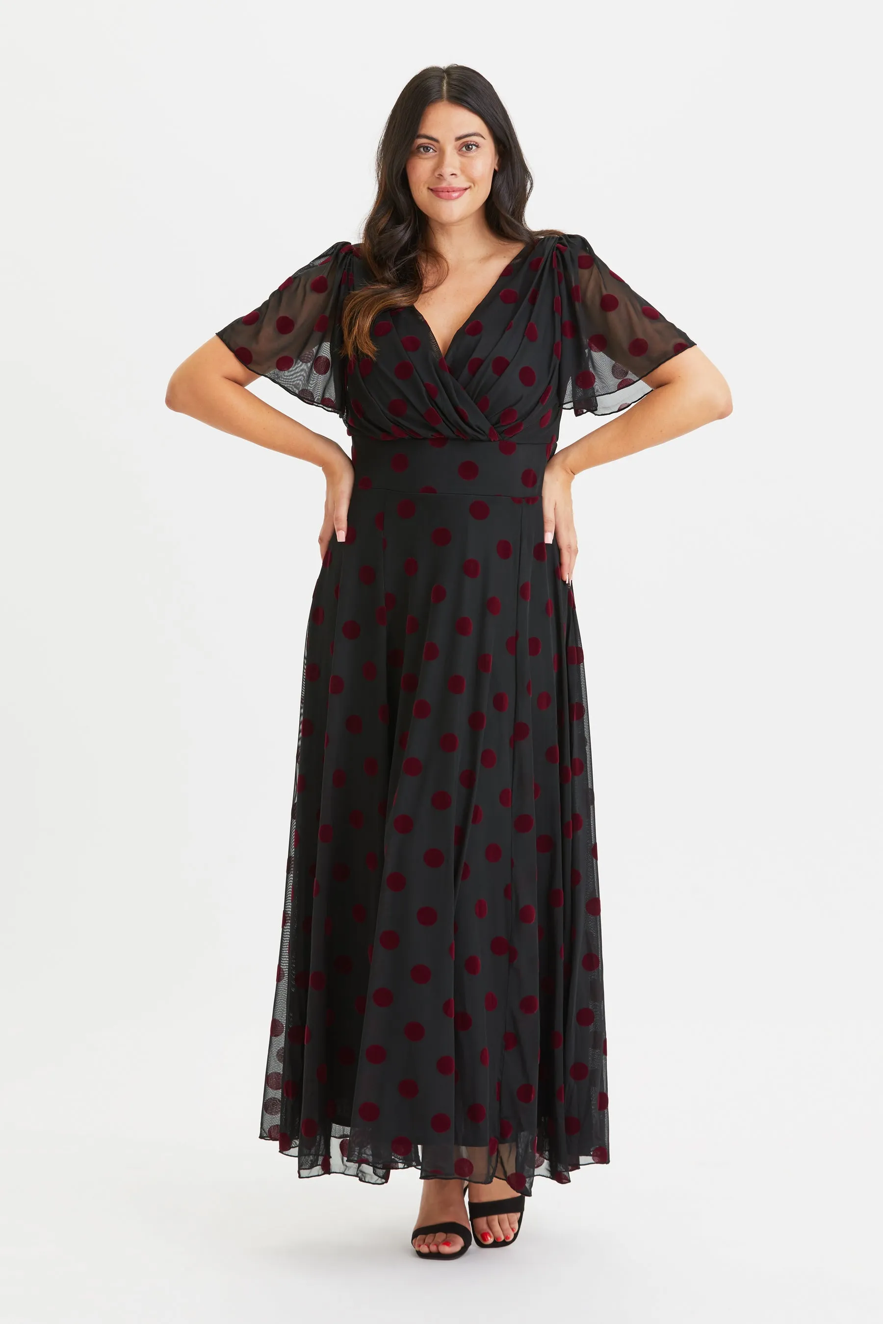 Isabelle Burgundy Velvet Spot Angel Sleeve Maxi Dress