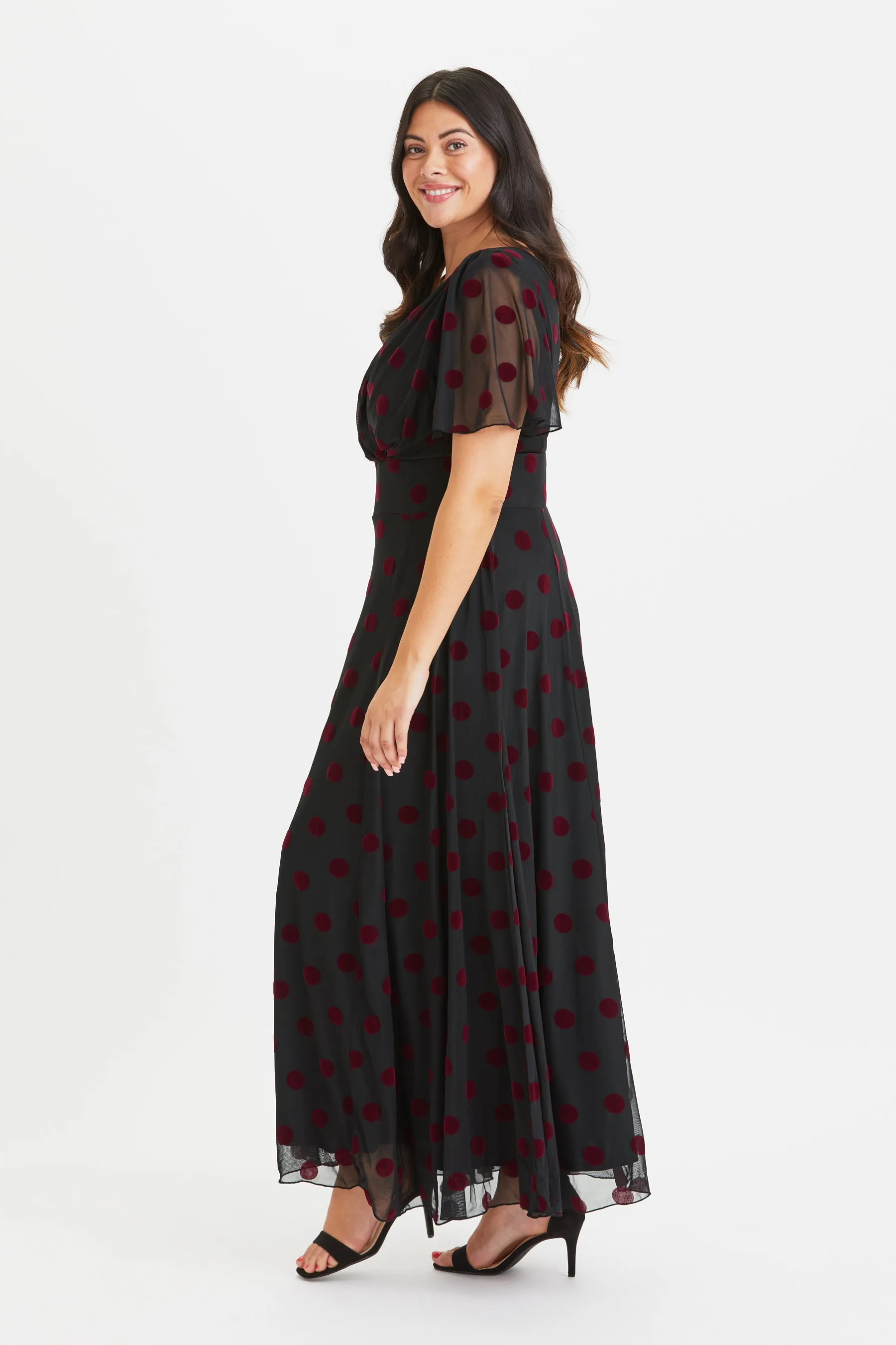 Isabelle Burgundy Velvet Spot Angel Sleeve Maxi Dress