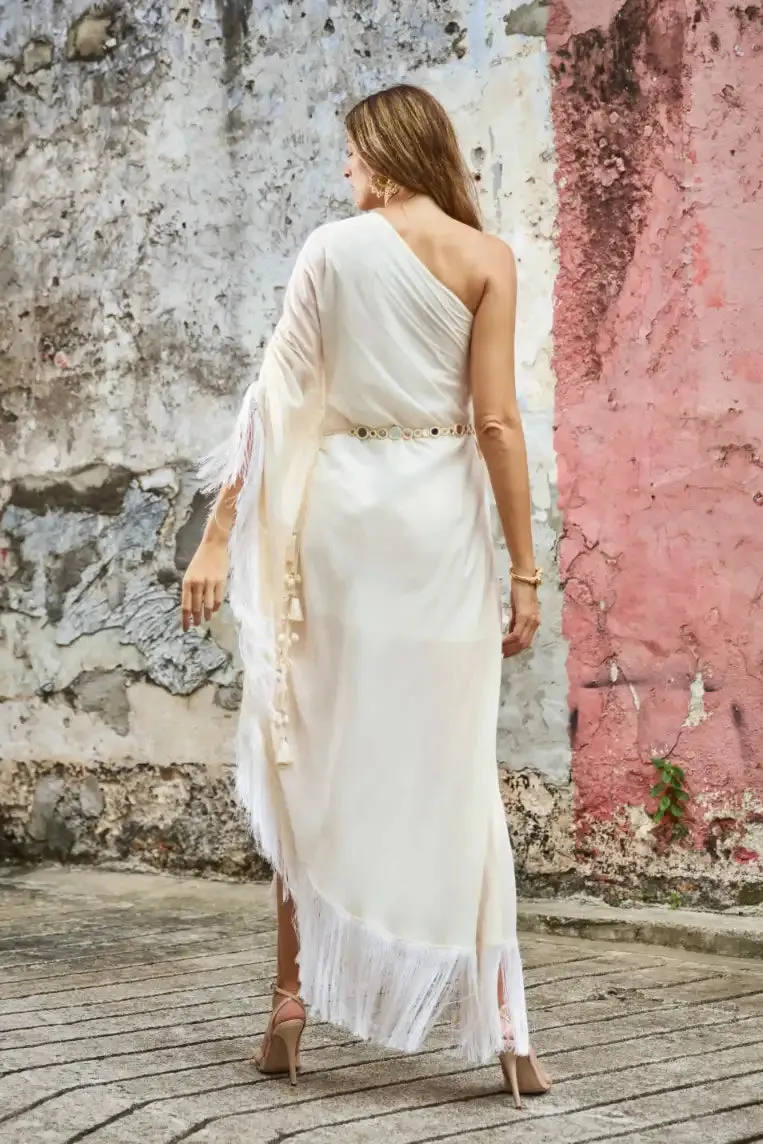 Ivory One Shoulder Kaftan With Mirror Belt