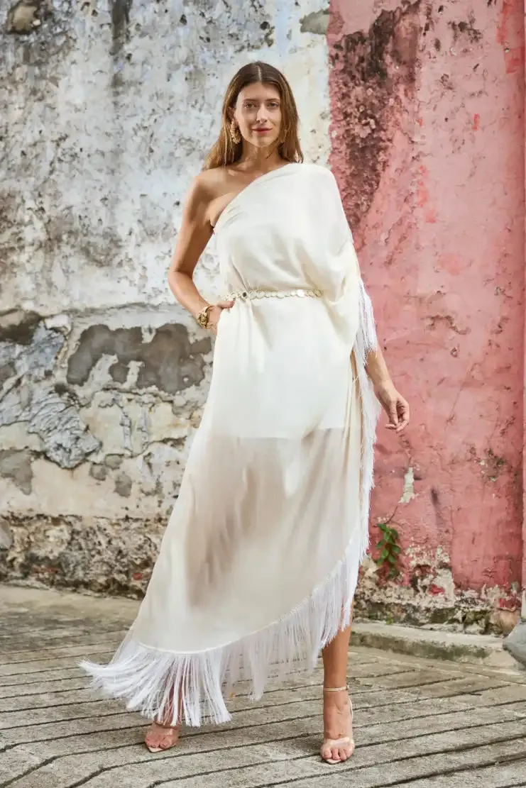 Ivory One Shoulder Kaftan With Mirror Belt