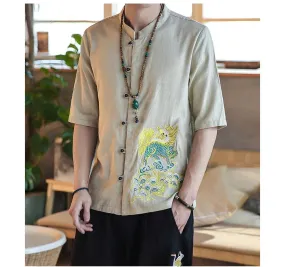 Japanese Style Elegant Embroidery Short Sleeves Design Men Linen Shirts