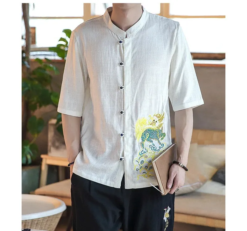 Japanese Style Elegant Embroidery Short Sleeves Design Men Linen Shirts