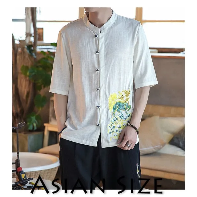 Japanese Style Elegant Embroidery Short Sleeves Design Men Linen Shirts