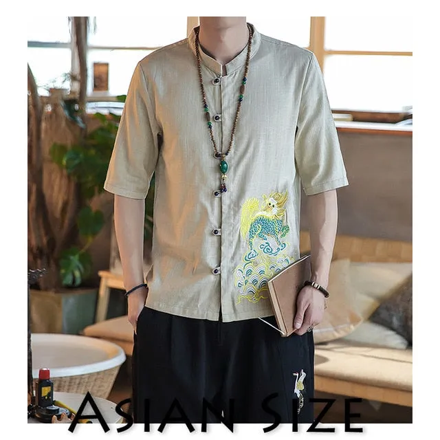 Japanese Style Elegant Embroidery Short Sleeves Design Men Linen Shirts