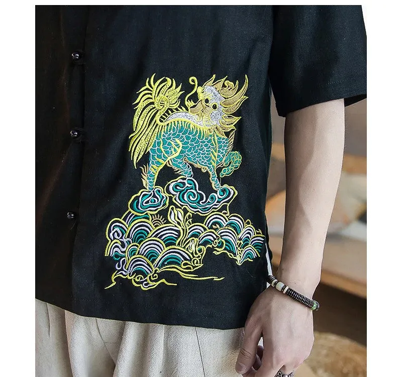 Japanese Style Elegant Embroidery Short Sleeves Design Men Linen Shirts