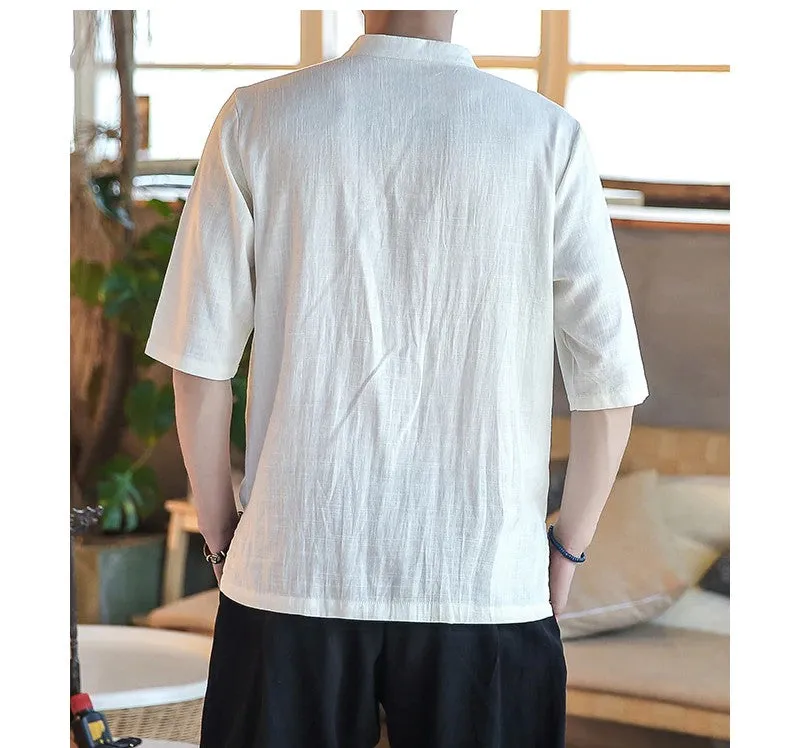 Japanese Style Elegant Embroidery Short Sleeves Design Men Linen Shirts