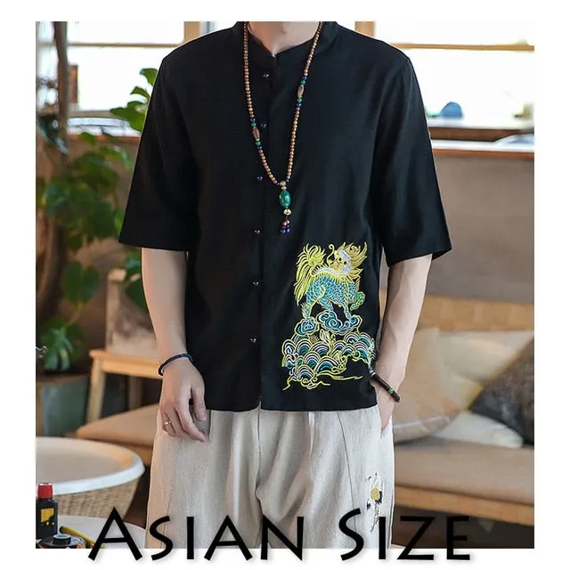 Japanese Style Elegant Embroidery Short Sleeves Design Men Linen Shirts