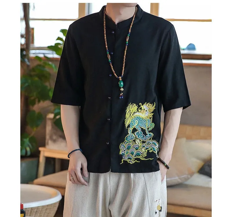 Japanese Style Elegant Embroidery Short Sleeves Design Men Linen Shirts