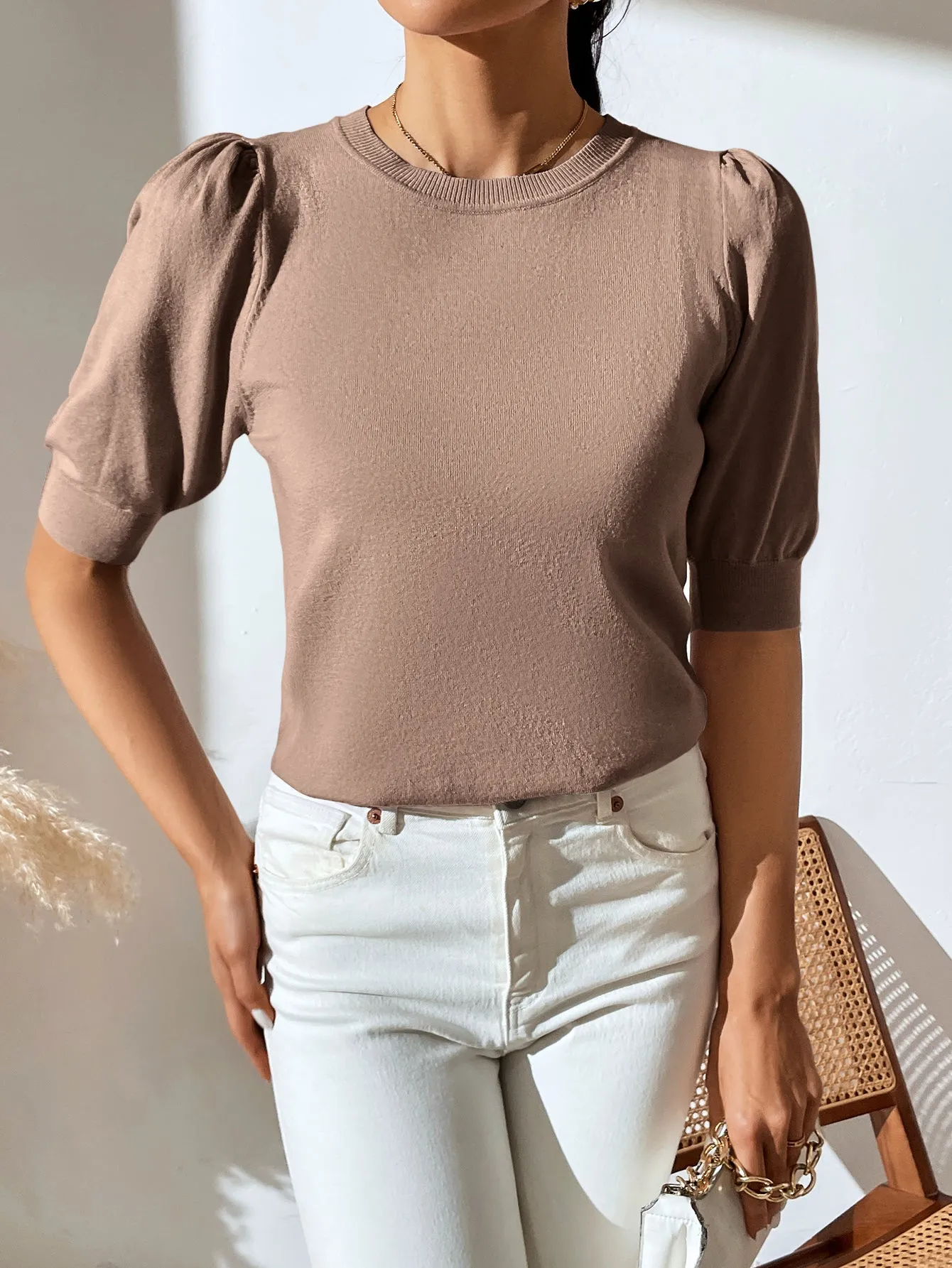 Knit Pleated Short Sleeve Solid Color Sweater