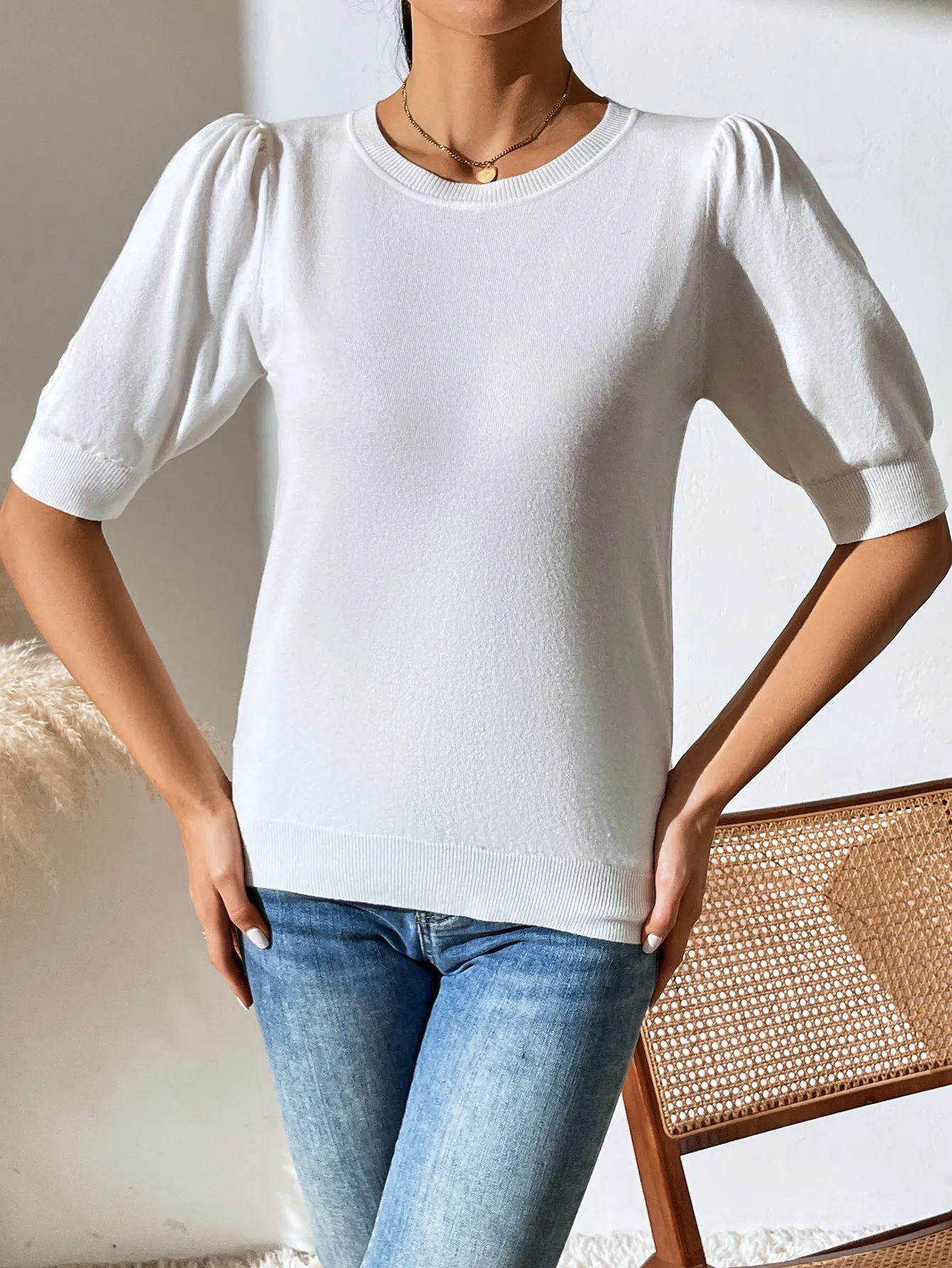 Knit Pleated Short Sleeve Solid Color Sweater