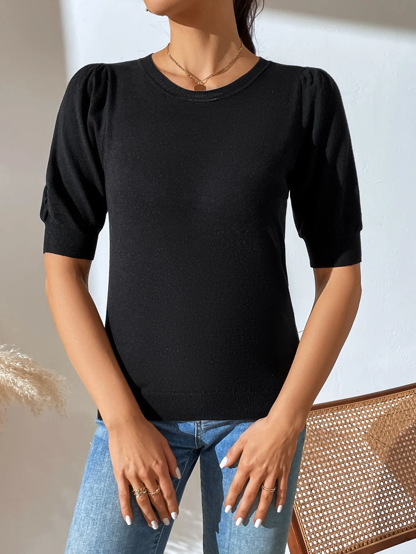 Knit Pleated Short Sleeve Solid Color Sweater