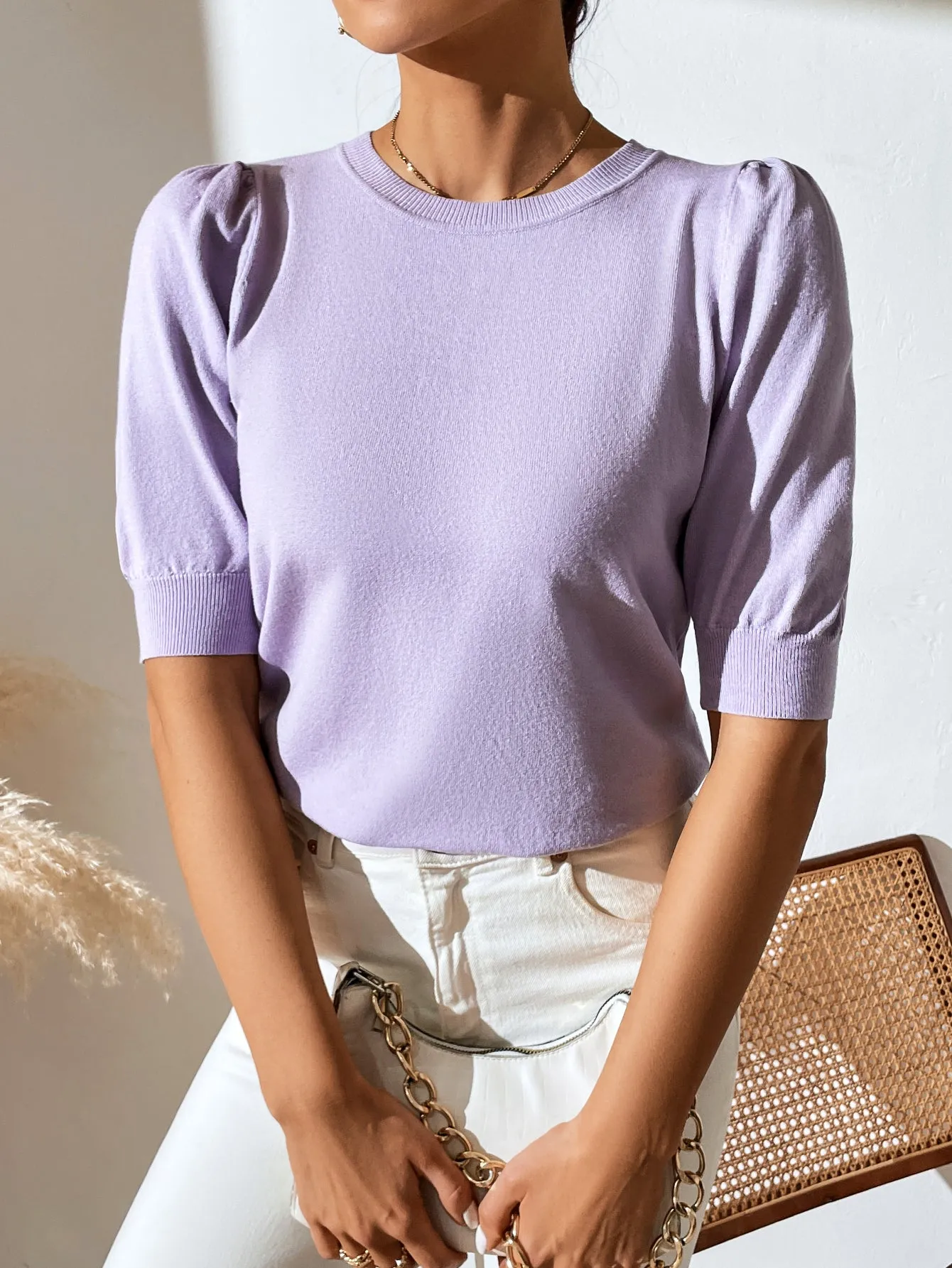 Knit Pleated Short Sleeve Solid Color Sweater