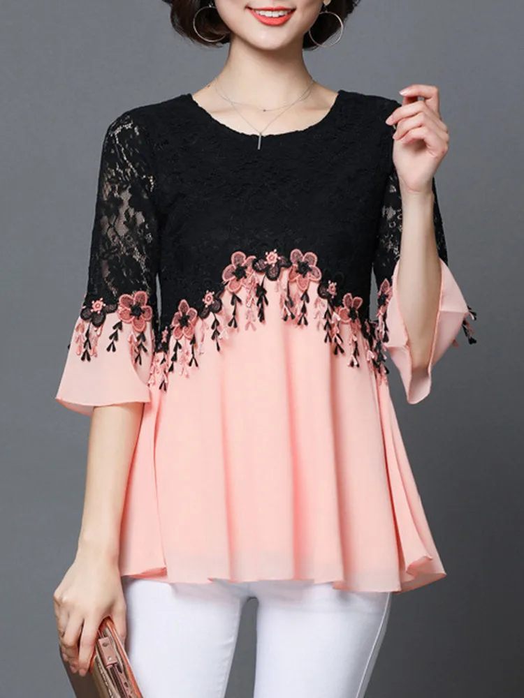 Lace Patchwork Embroidery Elegant Women Shirts