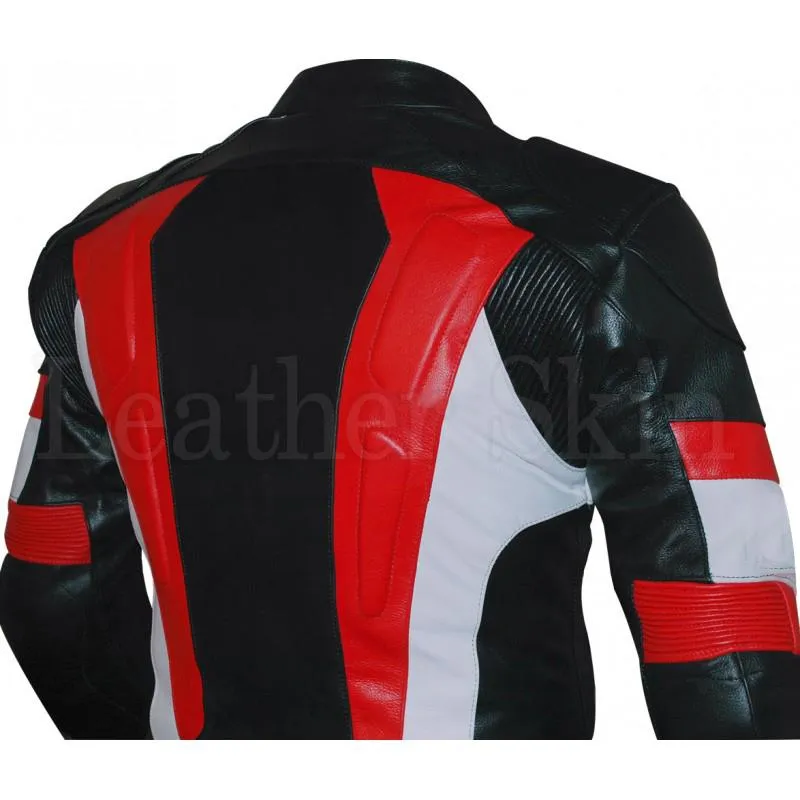 Leather Skin Black Red Stripes Biker Motorcycle Racing Genuine Leather Jacket