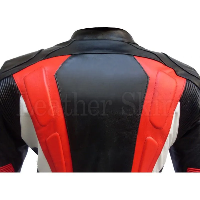 Leather Skin Black Red Stripes Biker Motorcycle Racing Genuine Leather Jacket