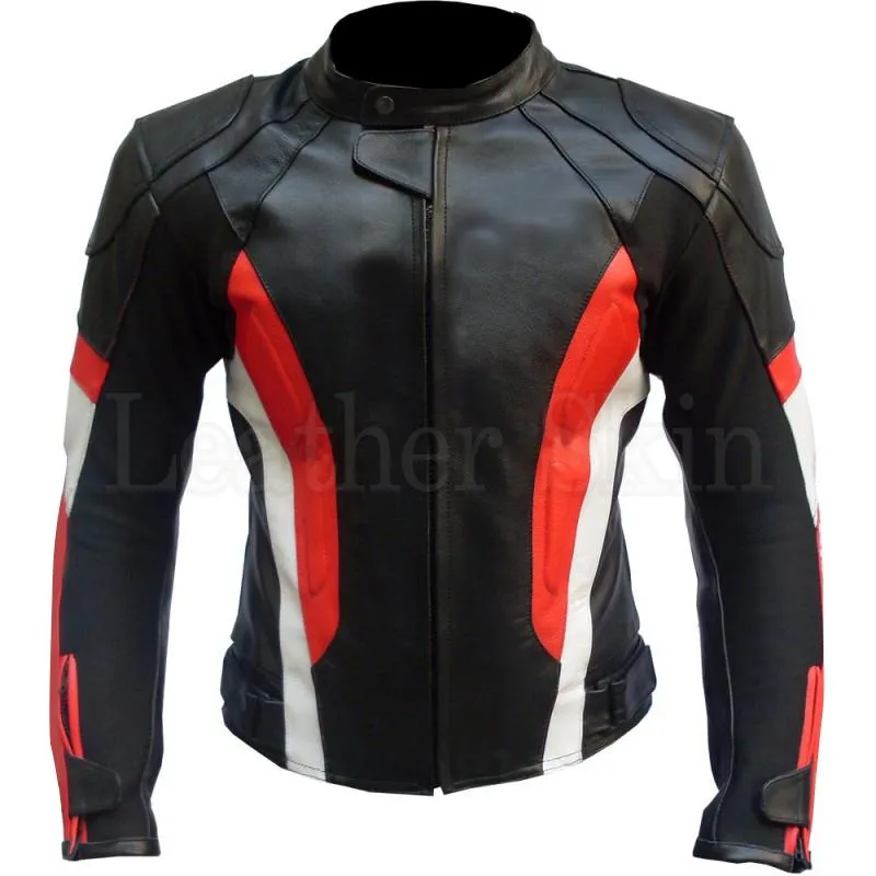 Leather Skin Black Red Stripes Biker Motorcycle Racing Genuine Leather Jacket