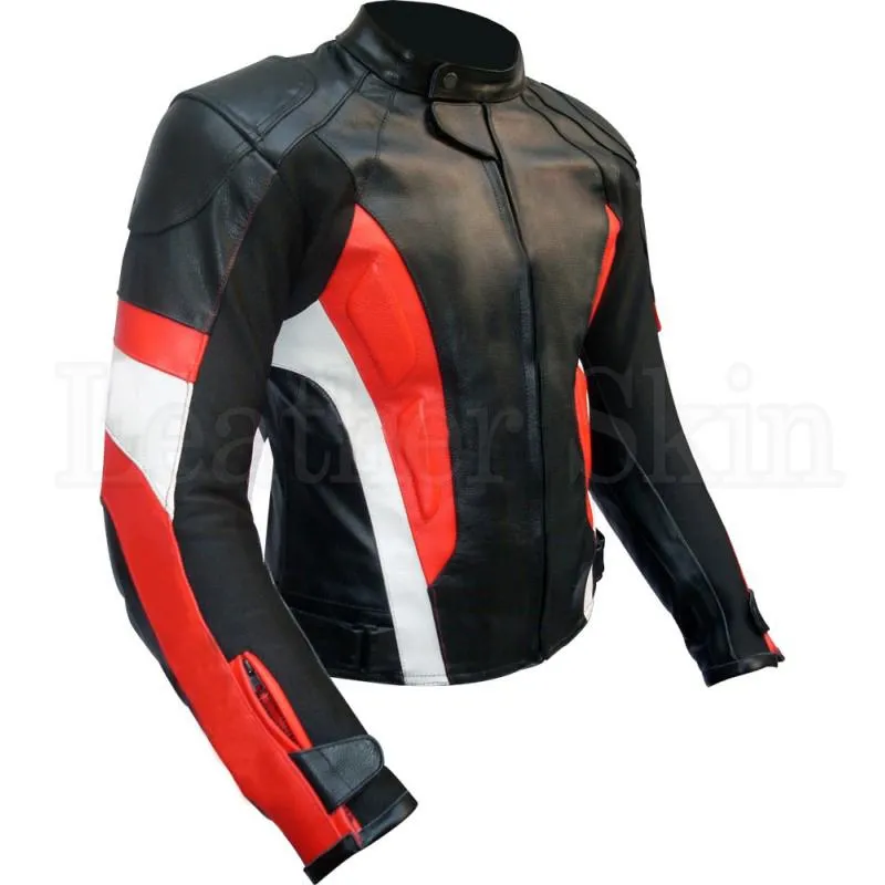 Leather Skin Black Red Stripes Biker Motorcycle Racing Genuine Leather Jacket