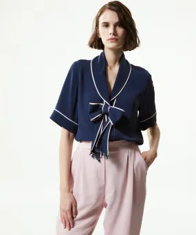 Machka Contrast Piping Silk Blouse Navy Blue