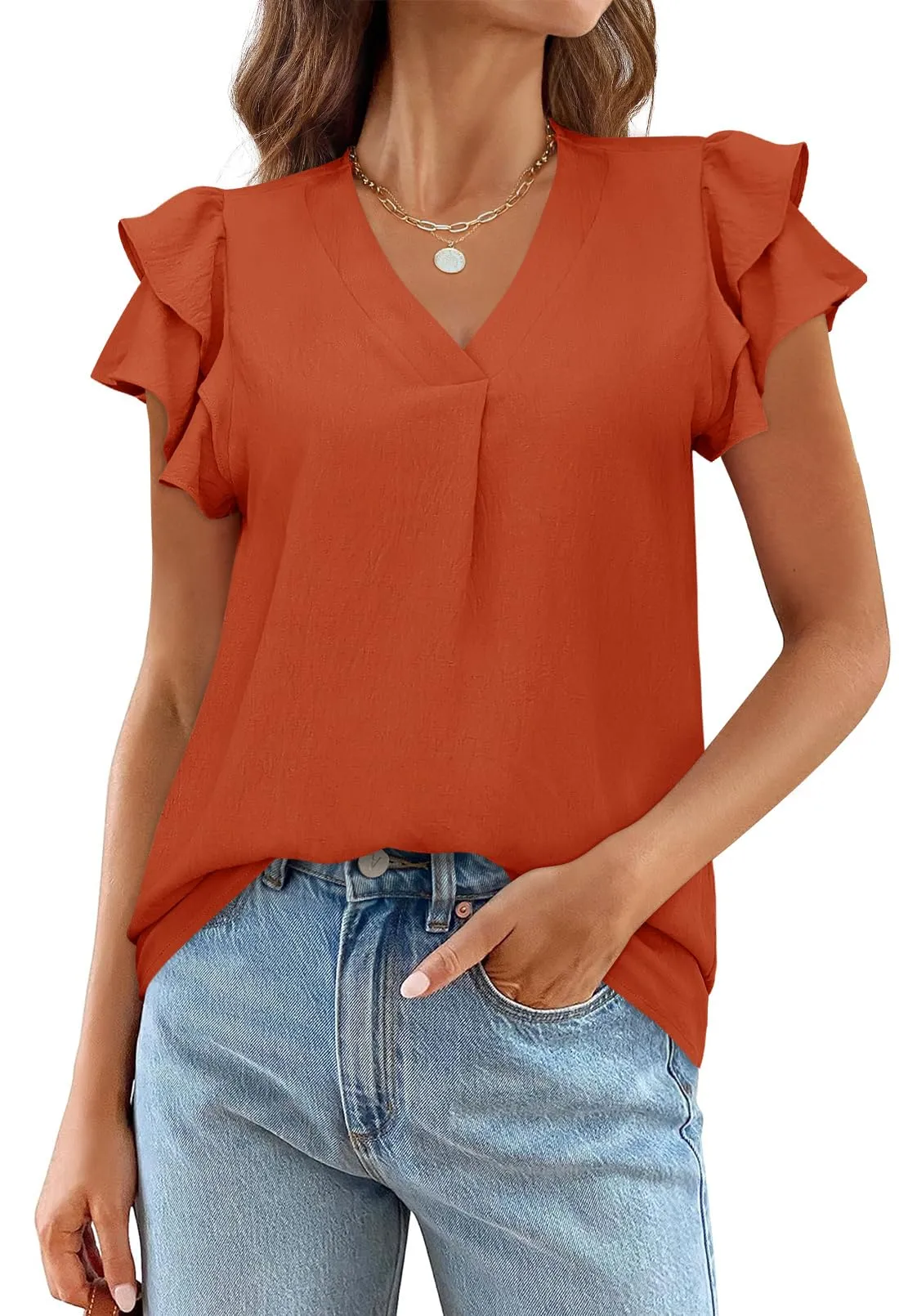 MEROKEETY V Neck Ruffle Short Sleeve Casual Blouse