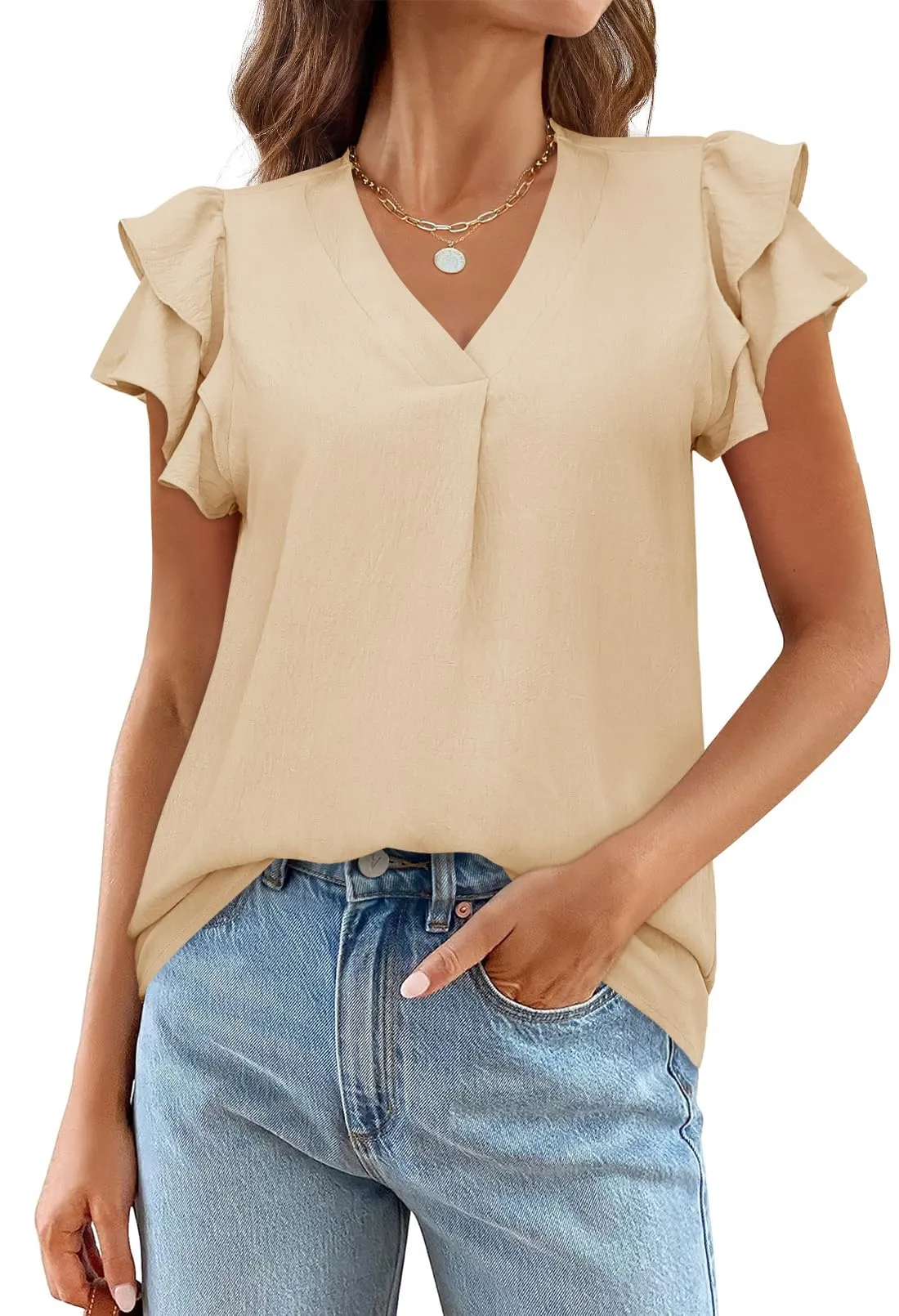 MEROKEETY V Neck Ruffle Short Sleeve Casual Blouse