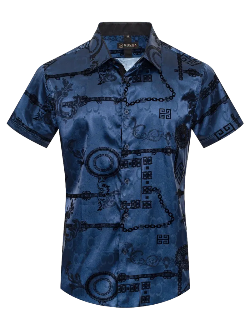 Navy Blue Men's Graphic Design Short Sleeves Shiny Shirt Satin Material