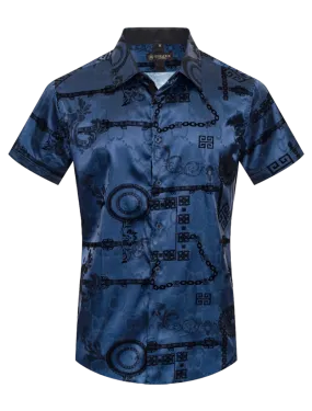 Navy Blue Men's Graphic Design Short Sleeves Shiny Shirt Satin Material