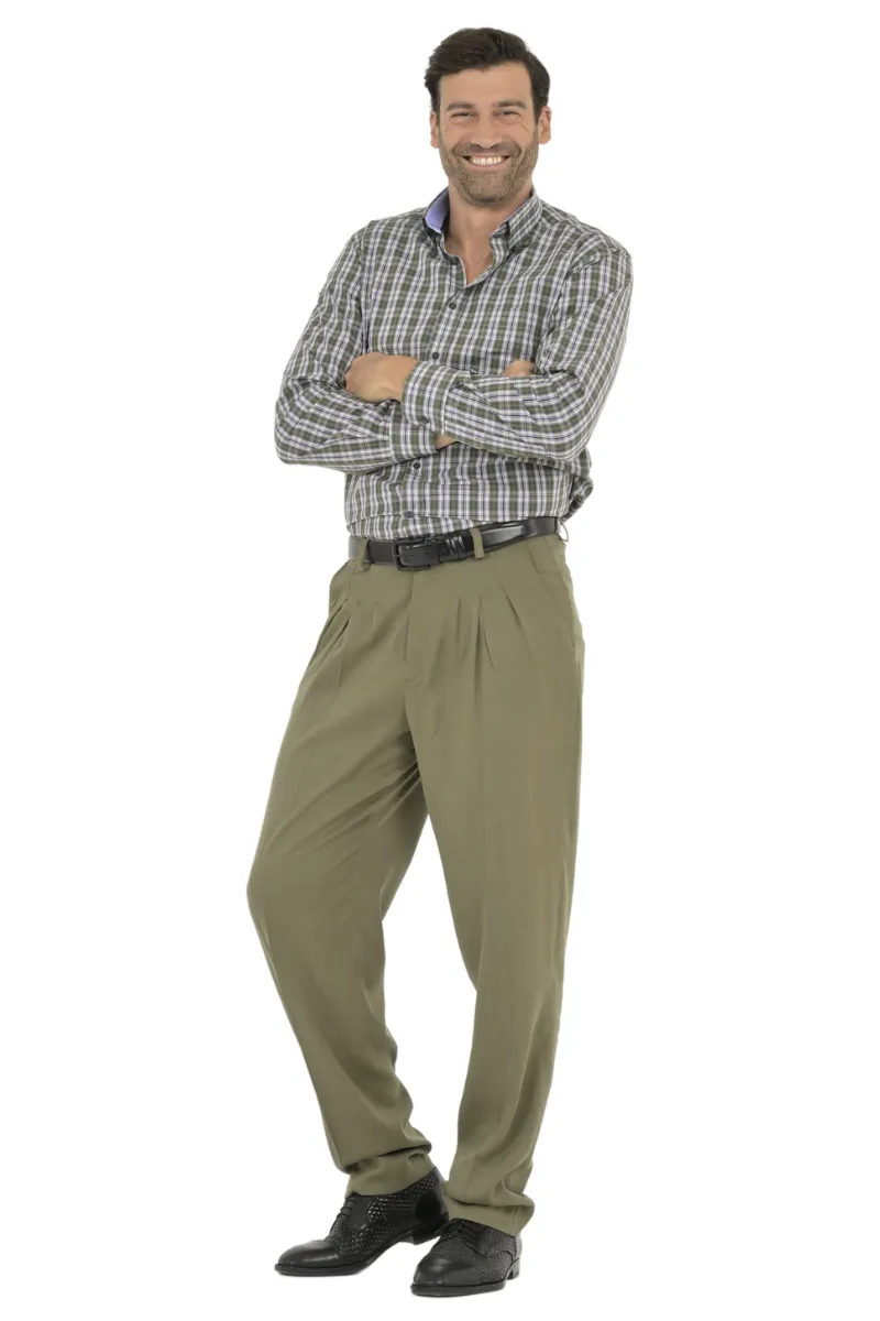 Olive Green Men's Tango Pants With Three Pleats