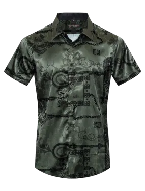 Olive Men's Graphic Design Short Sleeves Shiny Shirt Satin Material