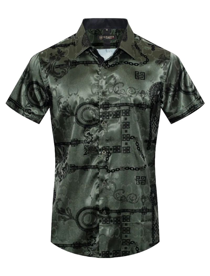 Olive Men's Graphic Design Short Sleeves Shiny Shirt Satin Material