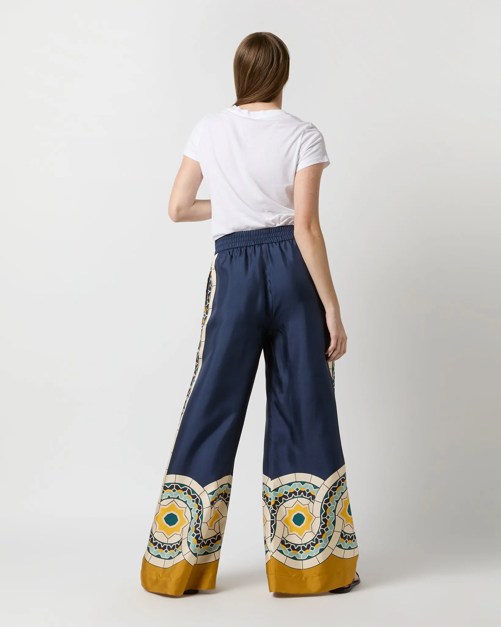 Palazzo Pant in Blue Mudejar Placée Silk Twill