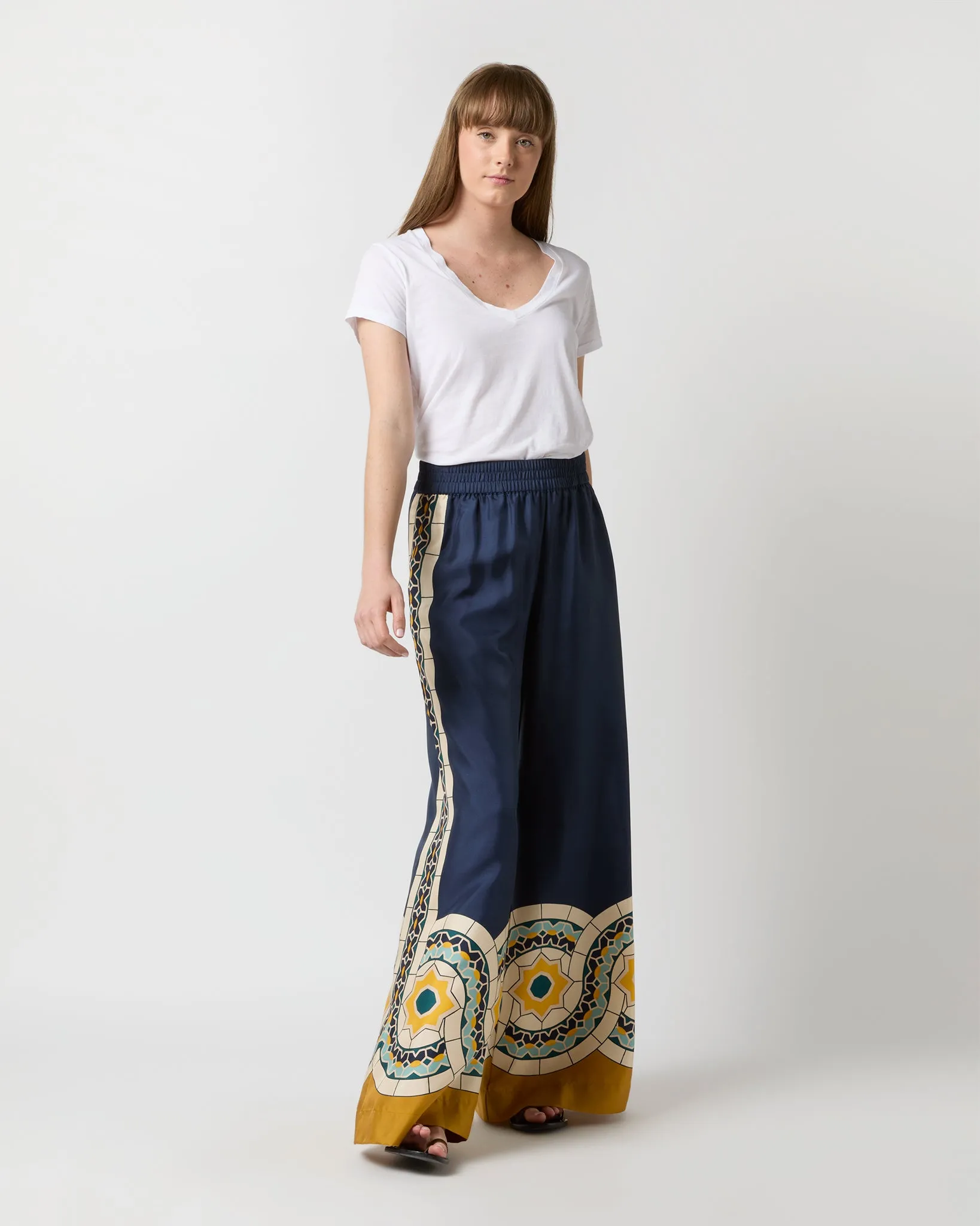 Palazzo Pant in Blue Mudejar Placée Silk Twill