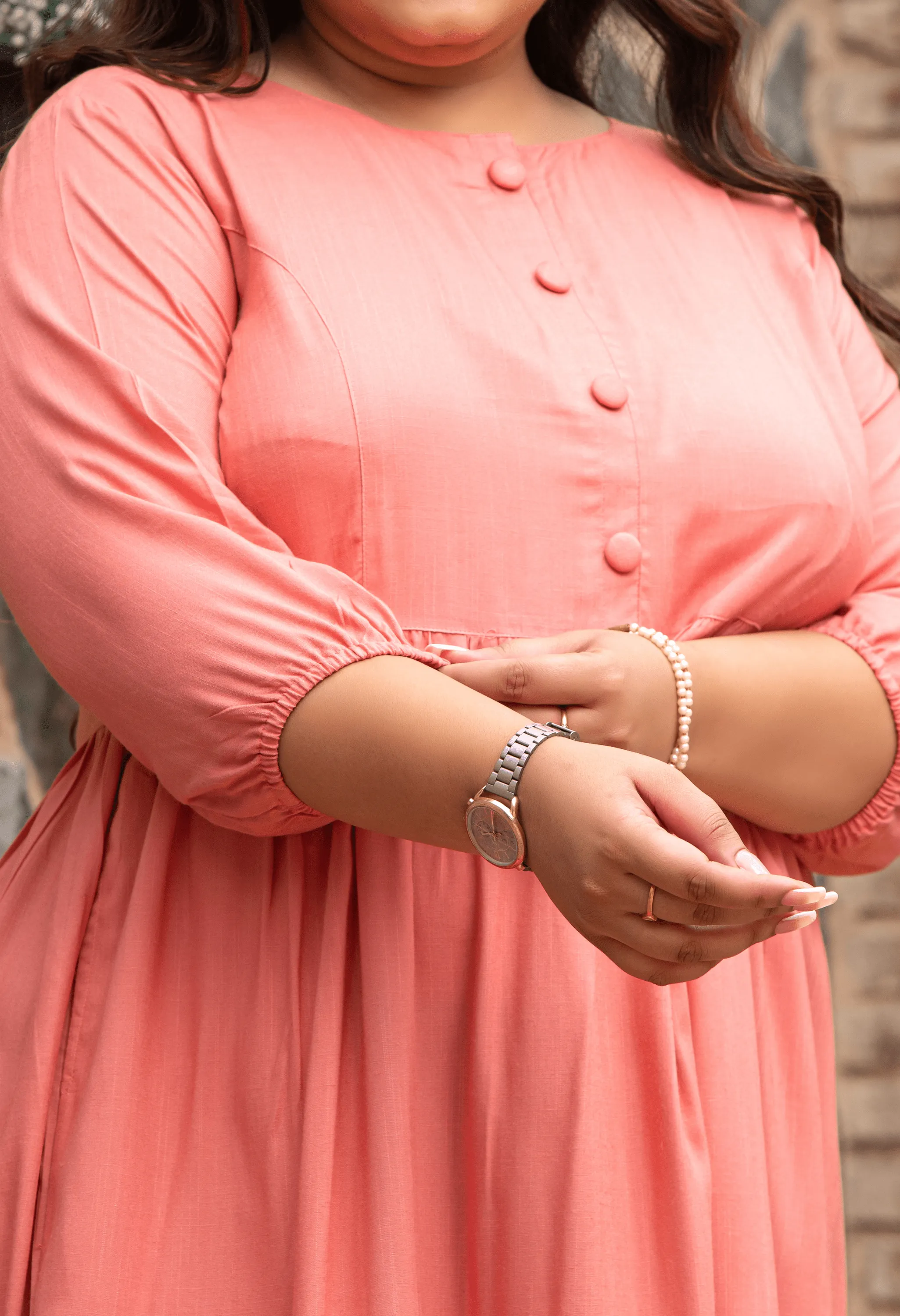 Plus Size Peach Solid Midi Dress