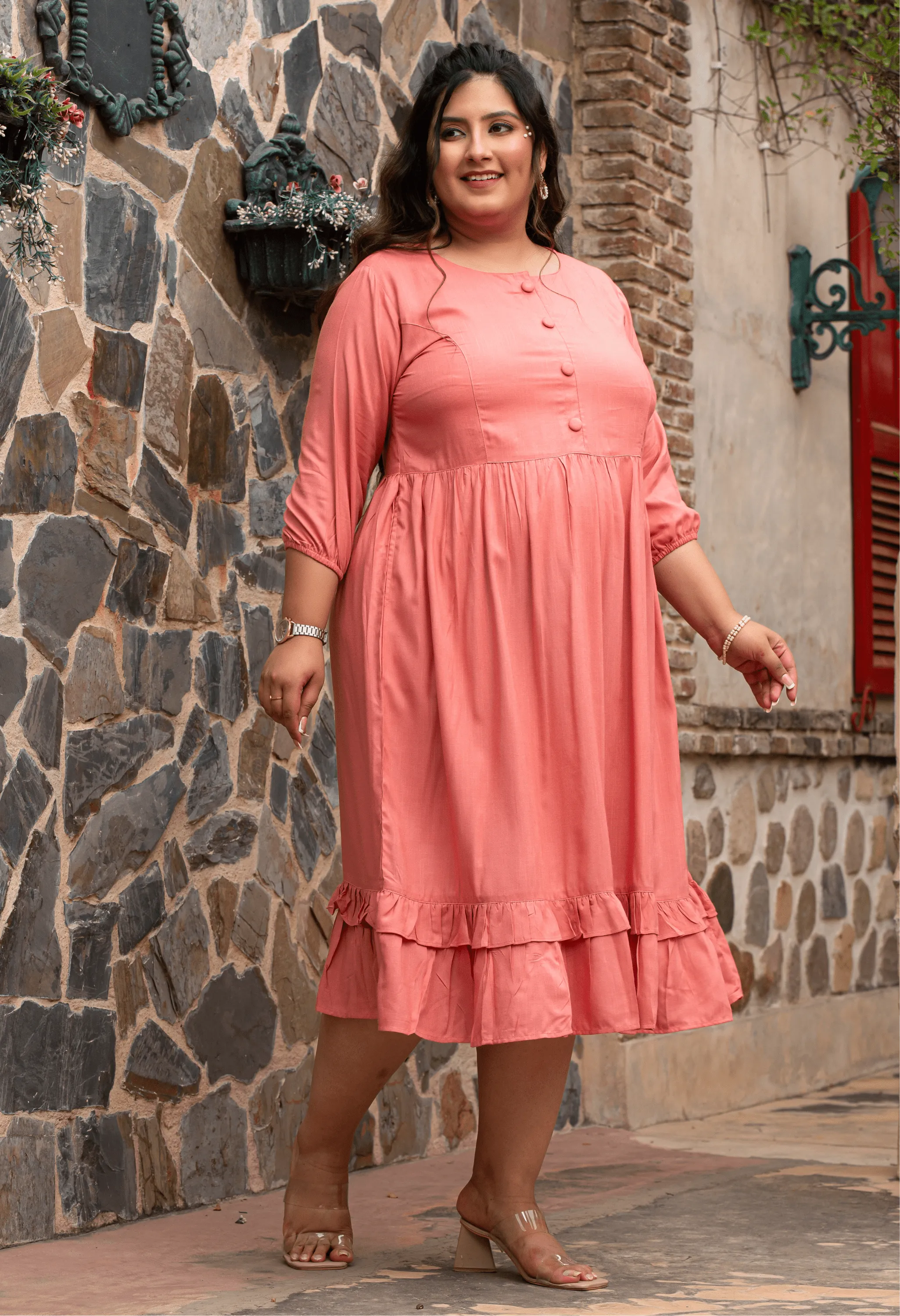 Plus Size Peach Solid Midi Dress