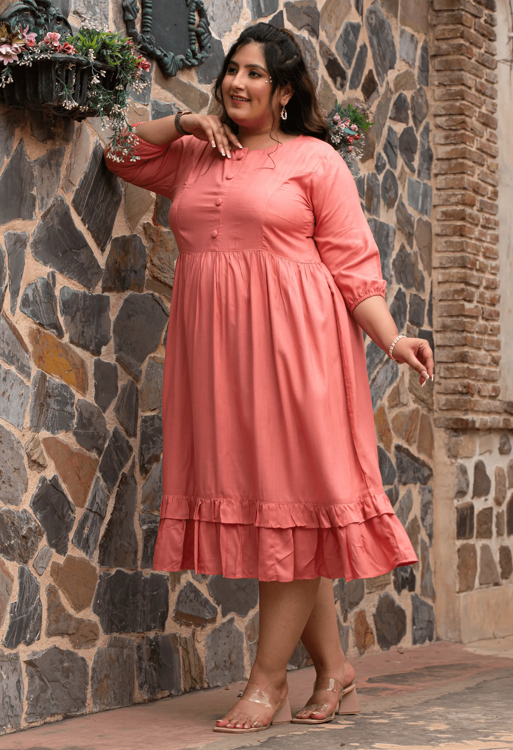 Plus Size Peach Solid Midi Dress