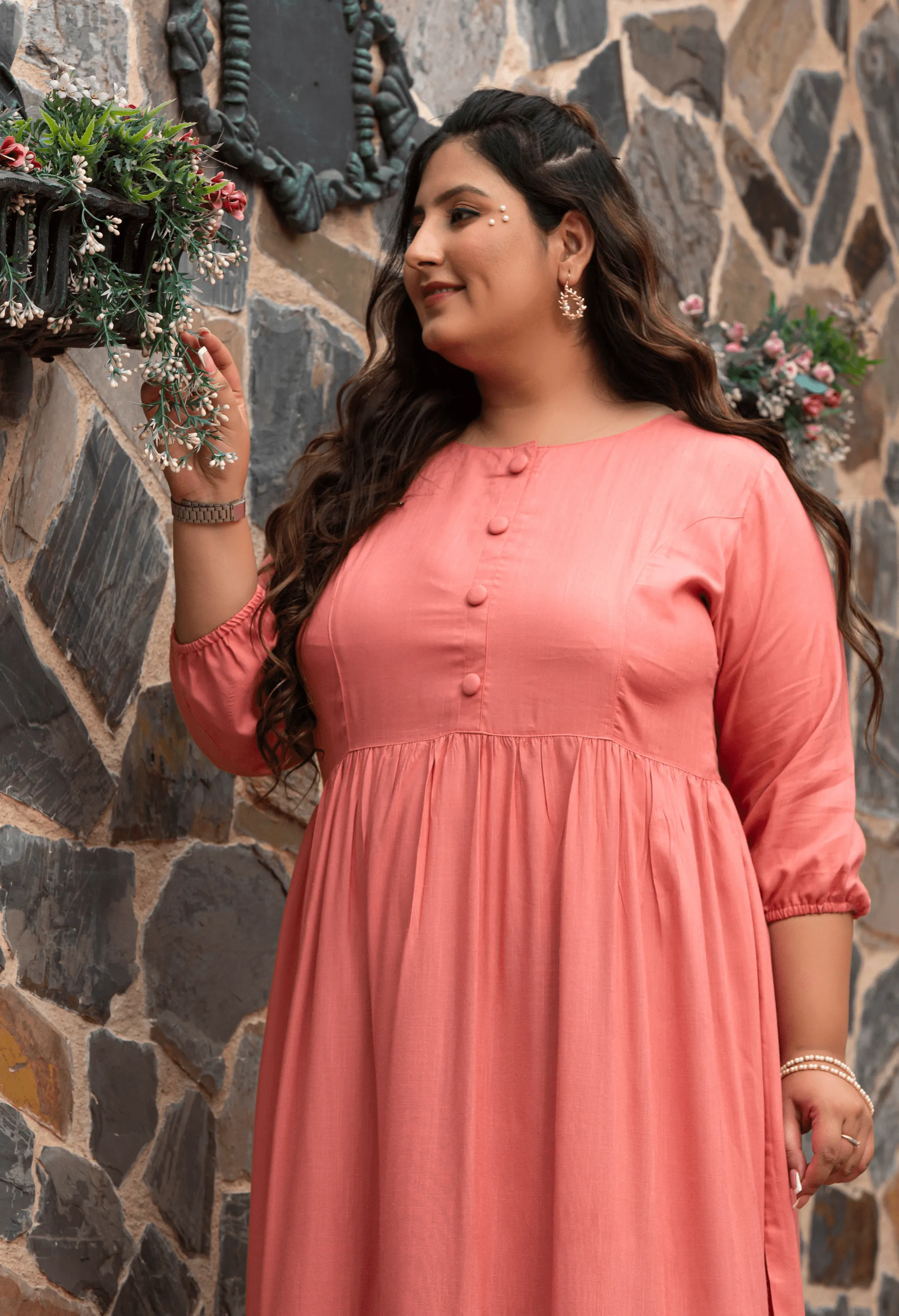 Plus Size Peach Solid Midi Dress